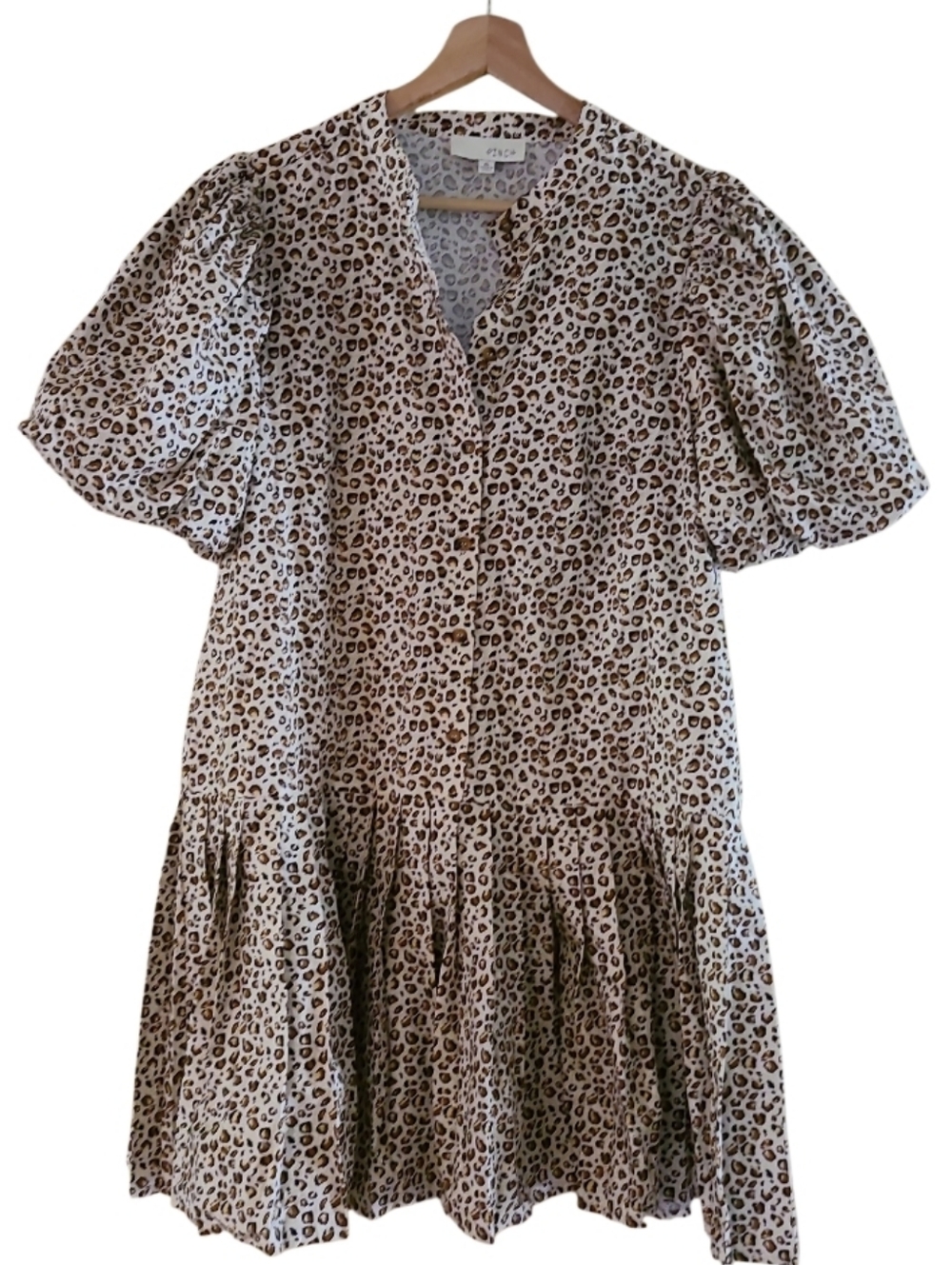 PINCH Cheetah Print Button Front Mini Dress White Black Puff Sleeve Pleat Skirt